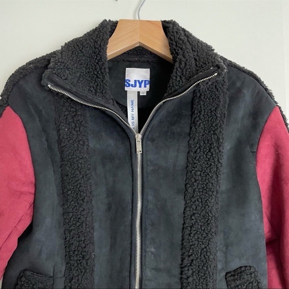 SJYP mustang jacket suede faux shearling bomber aviator coat red black - Picture 4 of 8